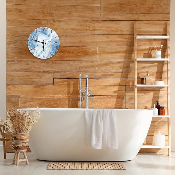 Britimes Round Wall Clock Silent Non-Ticking Battery Operated Outdoor Waterproof Glass Clock 12 Inch, Blue Marble Home Decor for Living Room, Kitchen, Bathroom, Bedroom, and Office