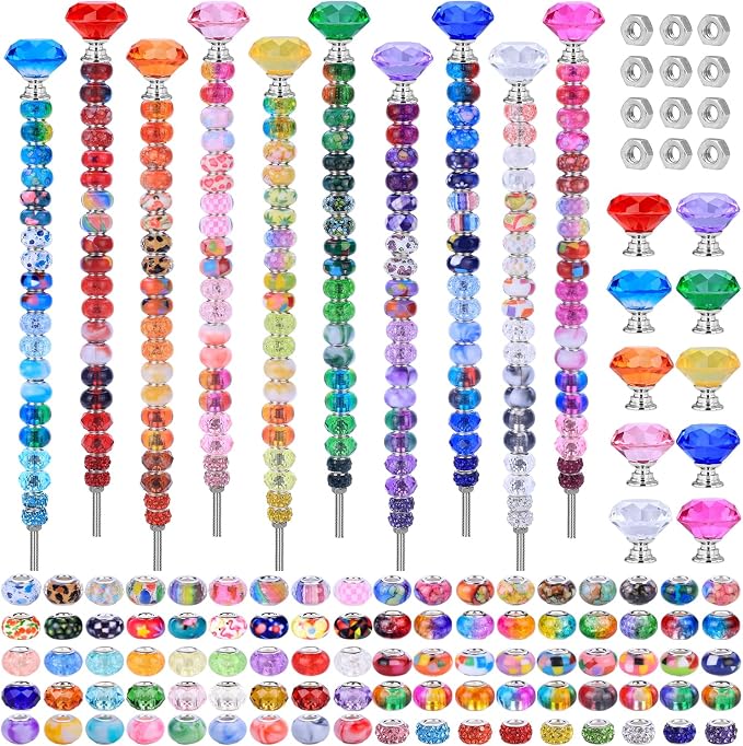 AIPRIDY DIY Crystal Beaded Fairy Wand Garden Stakes Kit, Colorful Decorative Wands with Assembly Guide, 12 or 10 Inch Threaded Rods,Outdoor Garden Decoration Set (238, Rainbow+Diamond Top)