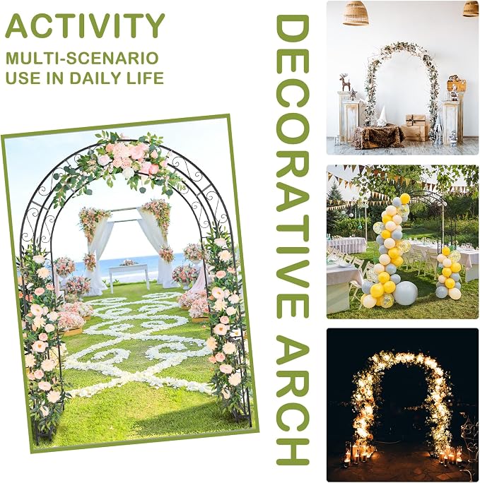 Outvita 7FT Garden Arch Arbor, Heavy Duty Metal Arbour Archway, Decorative Frame Stand Trellis with 7 Inch Ground Stakes for Wedding Ceremony Party Plant Climbing Rose Vines Lawn Courtyard Patio Black