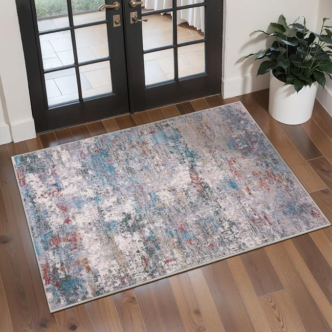 Tangsoo Abstract 2x3 Washable Rugs for Entryway, Small Area Rug Non Slip | Modern Soft Low Pile Throw Rugs, Indoor Front Door Mat Rug for Entrance Entry Foyer Kitchen Bathroom Blue Grey Home Decor