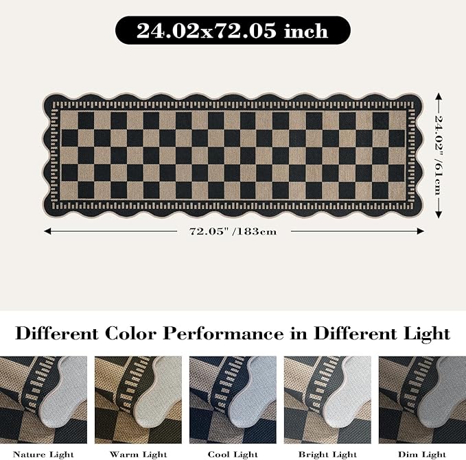 Checkered 2x6 Kitchen Runner Rug, Washable Rugs for Entryway Non Slip Outdoor Indoor Checkerboard Hallway Rug, Farmhouse Scalloped Carpet for Front Door Bedroom Laundry