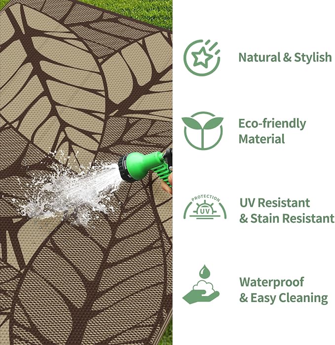 GENIMO Outdoor Rug 6' x 9' Waterproof for Patio Clearance, Reversible Plastic Straw Camping Carpet, Lightweight Mat for Rv, Camper, Deck, Porch, Picnic, Balcony, Beach,Dark Coffee & Beige