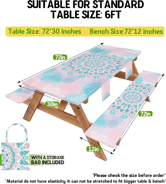 Picnic Table Cover with Bench Covers Waterproof Elastic Rectangle Reusable Folding Tablecloth Mantelería Manteles Camping Essentials Rv Car Travel Supplies Table Cloth Outdoor Road Trip Camper Gifts
