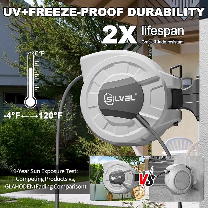 SILVEL 1/2 in x 130 FT Retractable Garden Hose Reel, Upgraded UV Resistant Heavy Duty Automatic Hose Reel Wall Mount with 10 Pattern Nozzle, Any Length Lock & Slow Return System, 180°Swivel Bracket