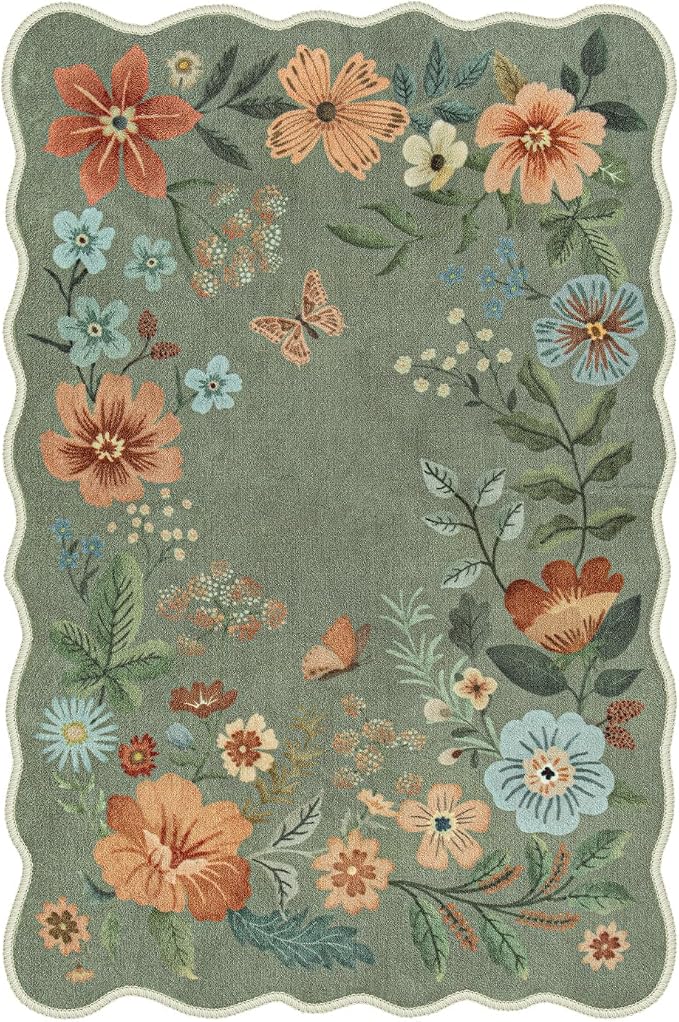 Lahome Floral Rugs for Entryway, 2X3 Washable Kitchen Rugs Ultra-Thin Soft Rug, Non Slip Indoor Door Mat Stain Resistant Boho Small Flore Throw Carpet for Bathroom Bedroom (2x3ft,Green)