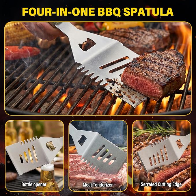 Yekale BBQ Grill Accessories Set, Grill Tools Grilling Accessories Grilling Gifts for Men - Spatula, Fork, Brush, Tongs & Cleaning Brush - Outdoor Barbecue Utensils Gifts for Men Dad Him (Sliver)