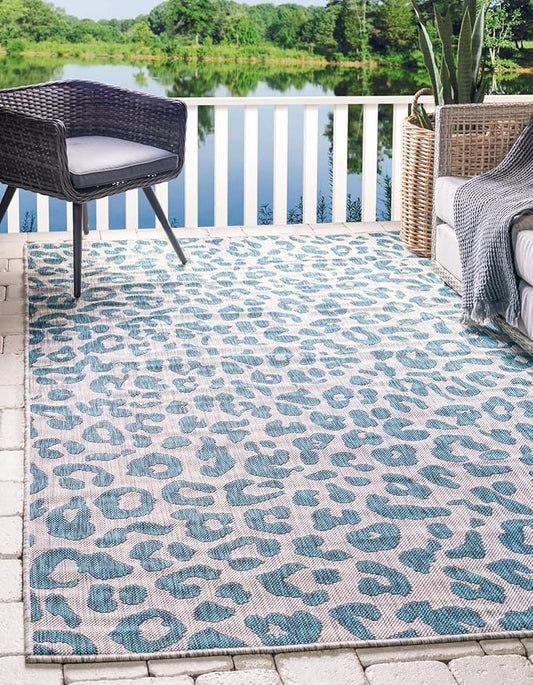 Unique Loom Outdoor Safari Collection Area Rug - Leopard (4' 1" x 6' 1" Rectangle, Teal/ Ivory)