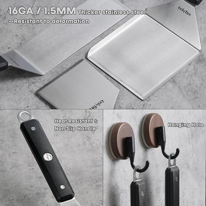 onlyfire BBQ Spatula Set for Camping/Backyard BBQ - Heavy Duty Stainless Steel Griddle Accessories Kit with Enlarged Spatula, Scraper and Long Spatula - Set of 3