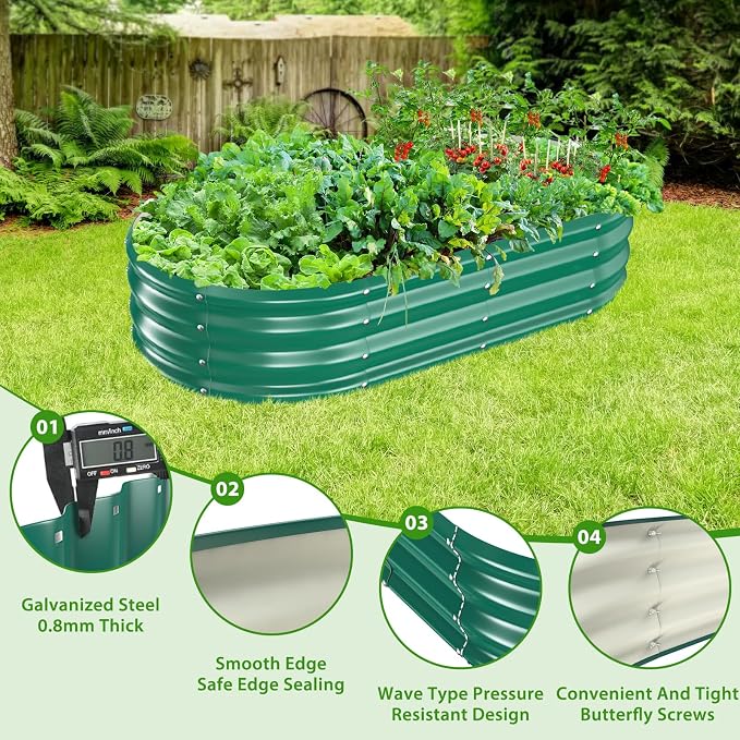 TBMLC Oval Galvanized Planter Box, Metal Raised Garden Bed - 0.8MM Thick- Ideal for Outdoor Gardening and Planting of Vegetables Flowers Fruits Succulent Plants and Others (Green, 5X2.7X1 FT)