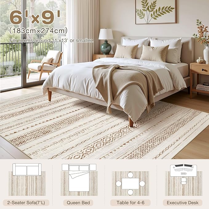kakania Washable 6x9 Area Rug for Living Room: Boho Geometry Home Decor | Soft Stain Resistant, Low-Pile, Non-Slip, Pet & Kid Friendly, Thin Rug for Bedroom/Dining Room/Kids Dorm - Square Brown