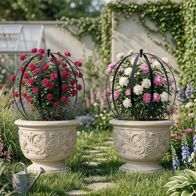2 PCS Metal Garden Round Trellis for Climbing Plants, Large Black Powder Coated Obelisk for Roses, Vines, Flowers, Patio Doorway Garden Decor Indoor Outdoor, Easy Assembly (25.2" x 21.3")