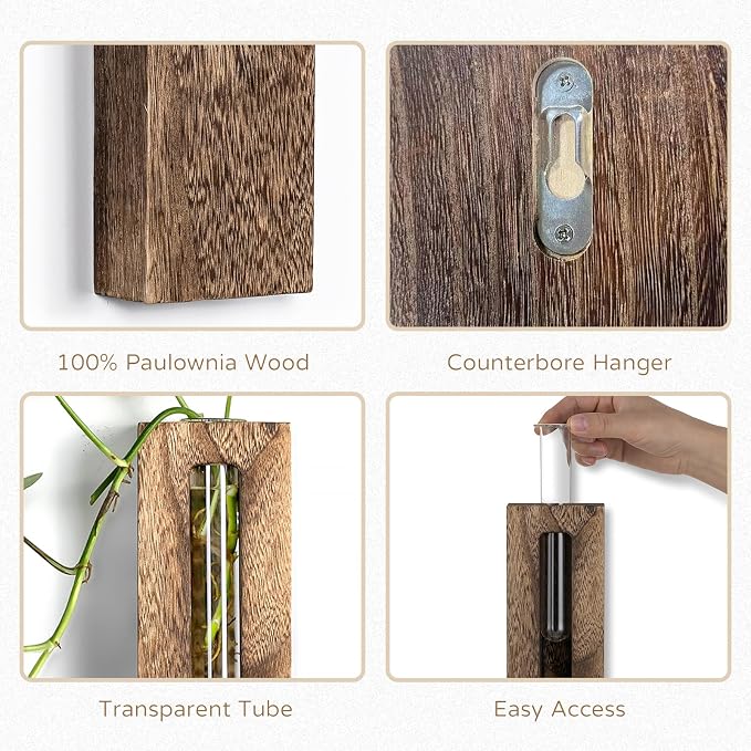 Wall Hanging Plant Propagation Station: Wood Farmhouse Wall Decor for Livingroom Kitchen - Hanging Glass Planter Tubes for Indoor Dried Flowers Eucalyptus Gifts for Women Plants Lovers