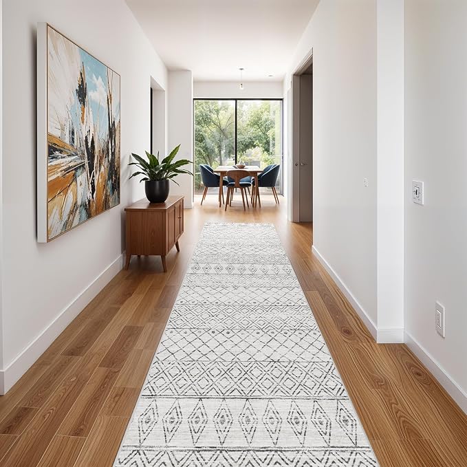 2'6"x14' Runner Rug Moroccan Washable: Hallway Non Slip Bedroom Rug Grey | Soft Runners Long Kitchen Carpet with Rubber Backing Low Pile Vintage Floor Mats for Entryway