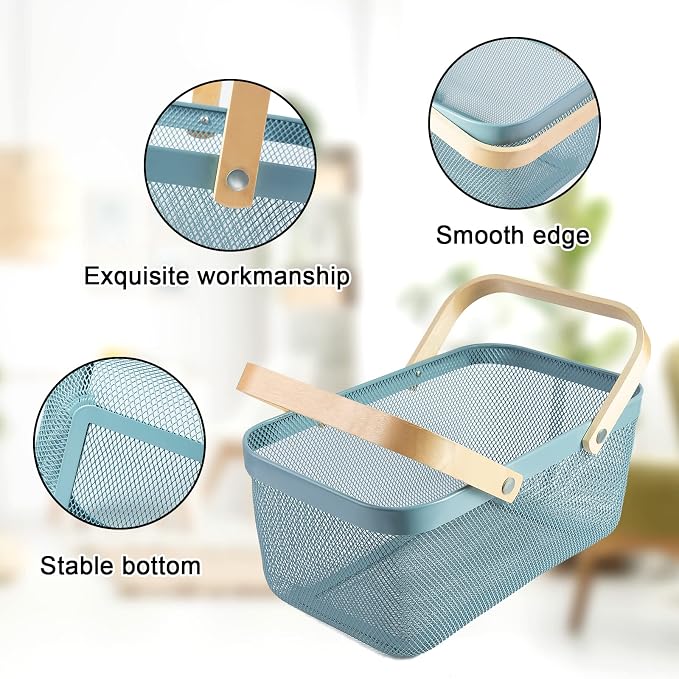 Portable Garden Harvest Basket-Mesh Design Natural Bamboo Handle Wire Storage Baskets,Mesh Basket with Handle Organize Items Reduce Space Occupation,Suitable for Kitchen,Garden,Picnic(Blue)