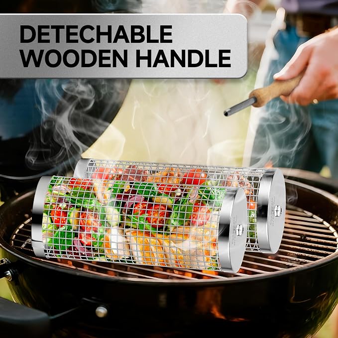 Chenovate® Rolling Grill Baskets,Gifts for Men,Removable Wooden Handle,304 Stainless Steel,Grilling Accessories for Veggies,Smoker BBQ Tools,Grilling Gifts for Birthday Festival Anniversary —2 Pack