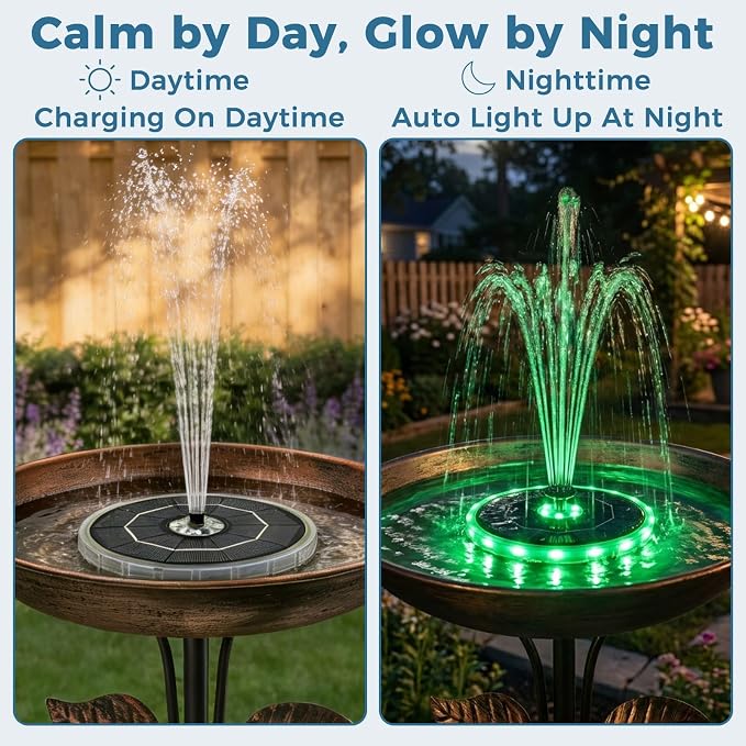 Solar Fountain for Bird Bath with Colorful LED Lights, Floating Solar Fountain Fixed Rods, 3W Solar Powered Water Fountain Pump with Strong Spray & 5 Nozzles for Pond, Pool, 23 LED Lights