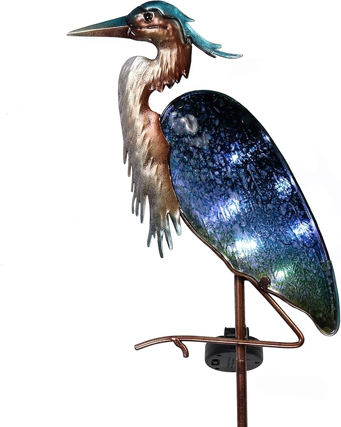 TERESA'S COLLECTIONS Blue Heron Garden Decor for Outside, Glass Solar Lighted Lawn Ornament for Yard Art, Weatherproof Decorative Stake for Patio Outdoor, 39 Inch