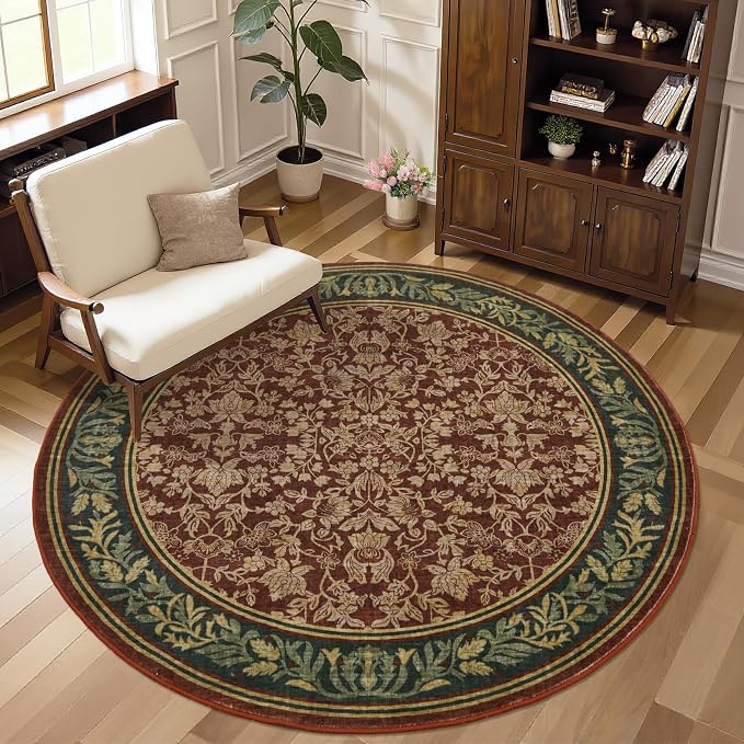GarveeHome Round Rugs 5ft Washable Circle Rug for Living Room, Red | Boho Vintage Non Slip Soft Low Pile Stain Resistant Indoor Carpet for Bedroom Dining Room Kitchen Entryway Office