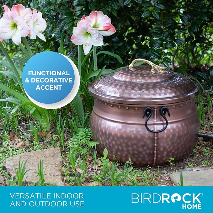BIRDROCK HOME Water Hose Holder with Lid | Ground Garden Hose Pot | Decorative | Handle | Embossed | Steel Metal with Copper Accents - Outdoor or Indoor Use