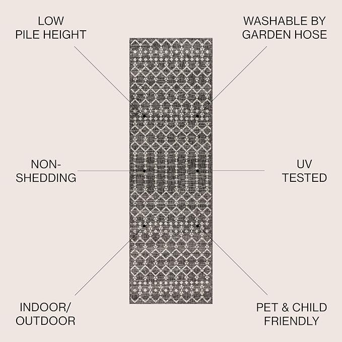 JONATHAN Y Moroccan Geometric Indoor Outdoor Runner Rug 2X8 Black/Gray, Ourika Textured Weave for Backyard, Patio, Porch, Easy-Cleaning, High Traffic, Pet-Friendly, Non-Shedding (SMB108F-28)
