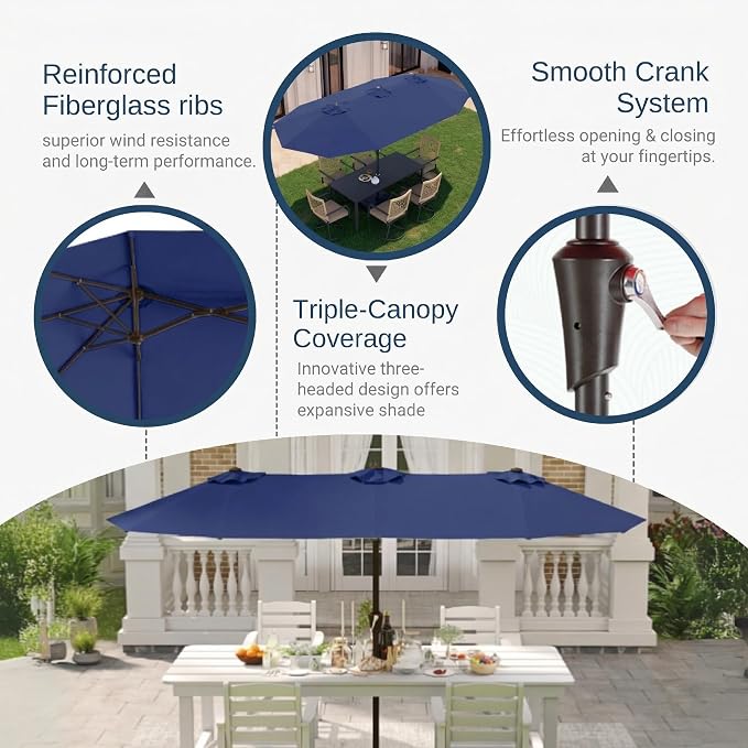 15FT Large Patio Umbrella with Base Included, Double Sided Outdoor Market Umbrella with Flexible Fiberglass Ribs, UV-Blocking Extra Large Umbrella for Garden, Pool, Deck, Navy Blue