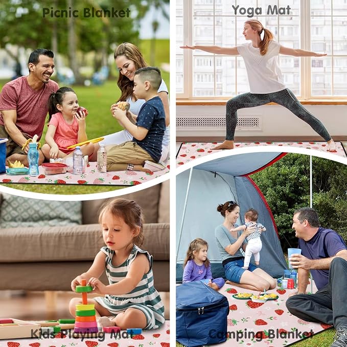 Strawberry Bow Picnic Blankets Waterproof Foldable, 60’‘x80'' Portable Outdoor Picnic Mat Water Resistant for Grass, Padded Lawn & Park Blanket for Camping,Hiking