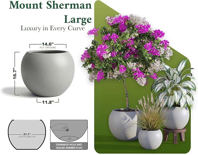 DTY Mount Sherman 21.1'' D x 16.7'' H (Pot Opening 14.6") Fiberstone Round Planter with Drainage Hole, Smooth Finishes, Weather Resistant for Indoor and Outdoor, 2 Extra Coco Mats - Light Gray, Large