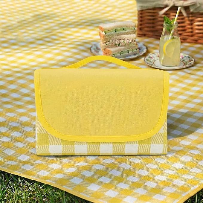 Waterproof Foldable Picnic Blanket Outdoor with Carry Strap,80"X60" Extra Large Beach Blanket Sandproof,Portable Soft Gingham Picnic Mat for Camping Travel Hiking Family Concerts Park(Yellow)