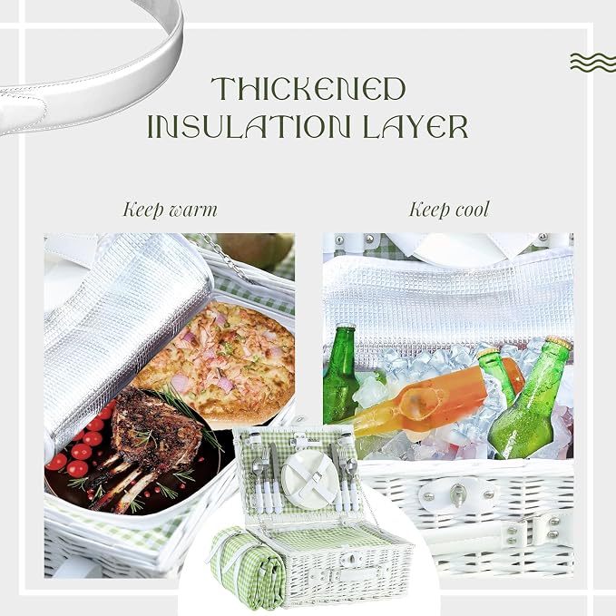 Picnic Basket Set for 4 with Waterproof Blanket Mat Insulation Bag Wicker White Green Plaid Classic Fresh Gift for Christmas Thanksgiving Wedding Birthday Camp Outdoor Beach Travel