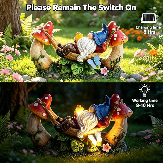 Solar Gnome Garden Statue with Mushroom and Butterfly Lights Outdoors, Waterproof Garden Decor for Yard Lawn Balcony, Cute Gnome Figurine for Outdoor Patio Decor, Ideal Gift for Garden Lovers