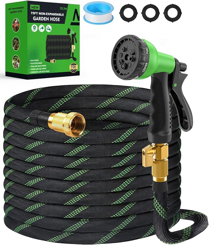 75ft Garden Hose, Non-Expandable Water Hose with 8 Function Spray Nozzle, Lightweight, Knik-Free, Burst-Resistant, Durable & Flexible 3/4" Garden Hose for Lawn, House Cleaning, Car Washing