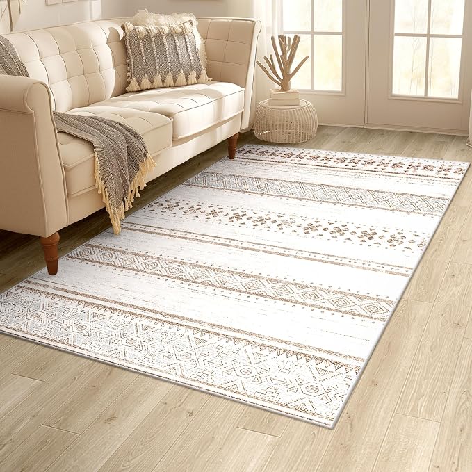 3x5 Washable Area Rugs for Living Room Boho Bathroom Rug Cream/Brown/Pink | Vacuum Friendly, Machine Washable, Non-Slip Rug, Stain Resistant, Moroccan Geometric, Low Pile Carpet, Entryway Kitchen