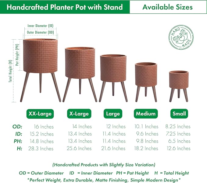 D'vine Dev 16 Inch Modern Geometric Tile Patterned Sleek Planter Pot with Stand, Indoor Outdoor Decorative Plant Holder, Terra Cotta, 88-Z-E-3