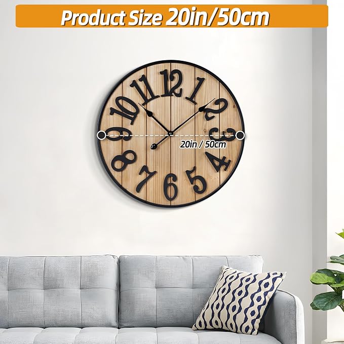 Large Wall Clock 20IN, Silent Metal Wood Style Wall Clocks Battery Operated for Living Room Decor, Farmhouse Big wall Clock, Outdoor