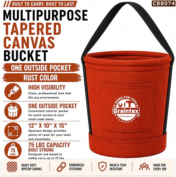 Graintex Tapered Canvas Bucket 12"x10"x15", Utility Tool Bucket One Inside Pocket, Reinforced Base & Carry Handle, Ripstop Canvas - Rust