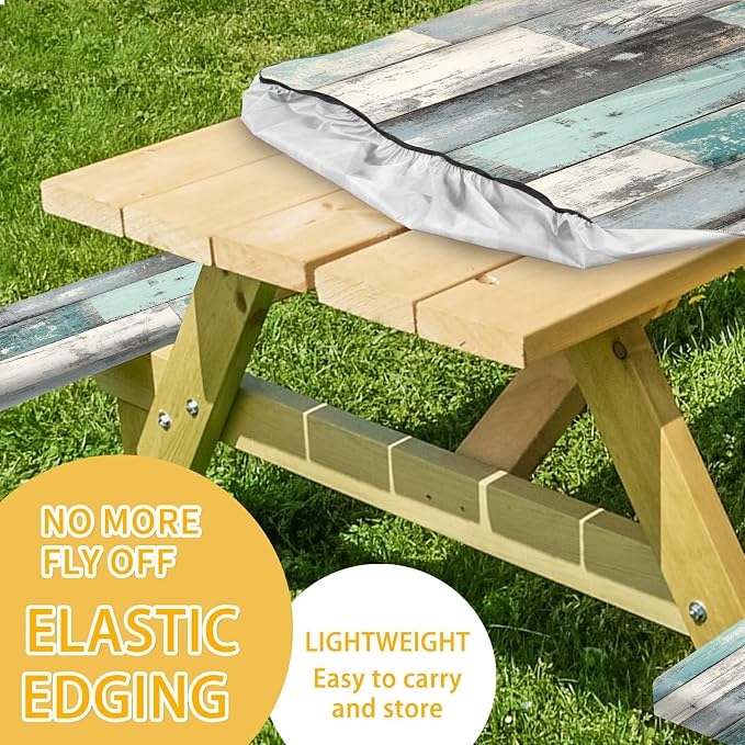 Picnic Table Cover with Bench Covers 72IN 6FT, Camping Essentials Tablecloth Waterproof Oilproof with elastic Edge for Indoor Outdoor Patio (Retro Wood Grain Blue)