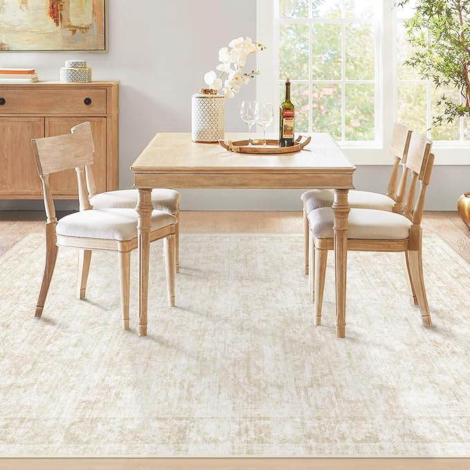 6x9 Area Rugs for Living Room: Washable Vintage Floral Rug Low Pile Non-Slip Boho Carpet for Bedroom Nursery Dining Room (Beige, 6'x9')