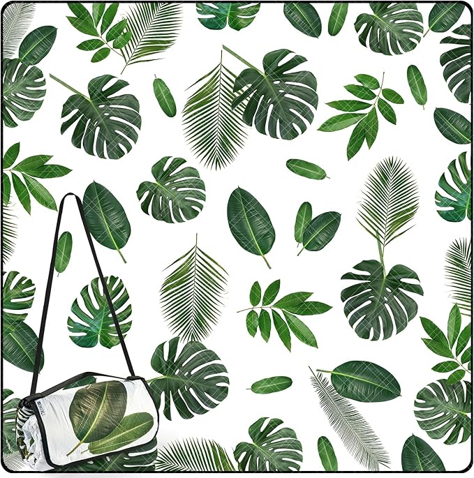 DEWUR Picnic Blankets 79"x79" Extra Large Outdoor Blanket Beach Blanket Waterproof SandProof Picnic Mat Washable Foldable Portable for Grass Lawn Beach Camping (Green Leaves)