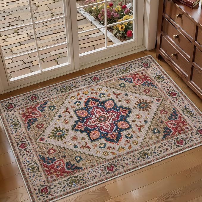 Tangsoo Vintage Small Area Rug, 2x3 Washable Rugs for Entryway Non Slip | Oriental Indoor Front Door Rug Mat, Soft Low Pile Small Carpet Throw Rugs for Entry Entrance Kitchen Bedroom Beige/Red