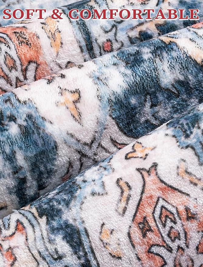 SERISSA 3x8 Washable Non Slip Boho Runner Rug for Hallway，Blue Orange | Ultra Soft Vintage Oriental Carpet Low-Pile Tribal Floor Carpet for Stair Kitchen Bedroom Bathroom Laundry Room
