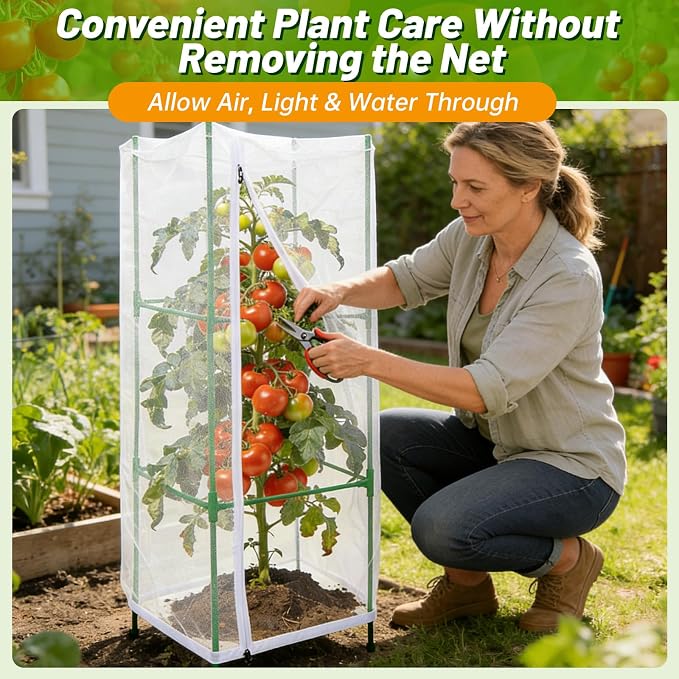 3 Pcs Garden Bird Netting Plant Cover for Square Tomato Cage, 55"×19.7" Garden Bird Tomato Cage Covers with Zipper & Drawstring for Vertical Climbing Plants, Vegetable and Flowers (No Cage)