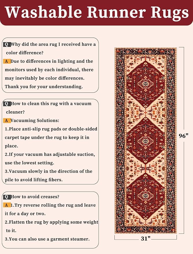 SERISSA 2'6"x8' Washable Non Slip Boho Runner Rug for Hallway，Red Black | Ultra Soft Vintage Oriental Carpet Low-Pile Distressed Tribal Floor Carpet for Kitchen Bedroom Bathroom Laundry Room