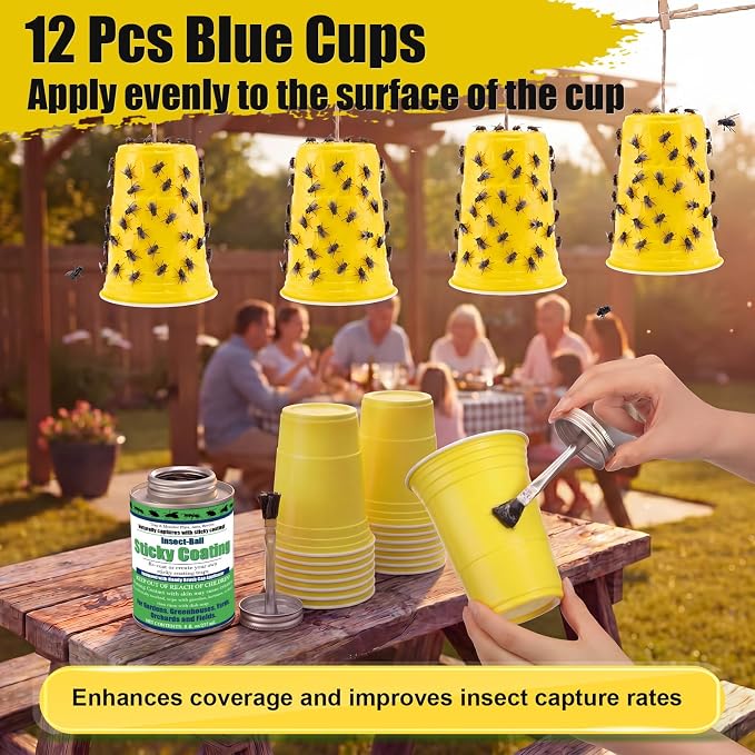 Insect Trap Sticky Coating with Brush and 12 Pcs Plastic Cups, 8 oz Insect Barrier Kit Outdoor DIY Adhesive Coating Pests for Gardens Greenhouses Orchards Plants(Gnat Trap Kit)