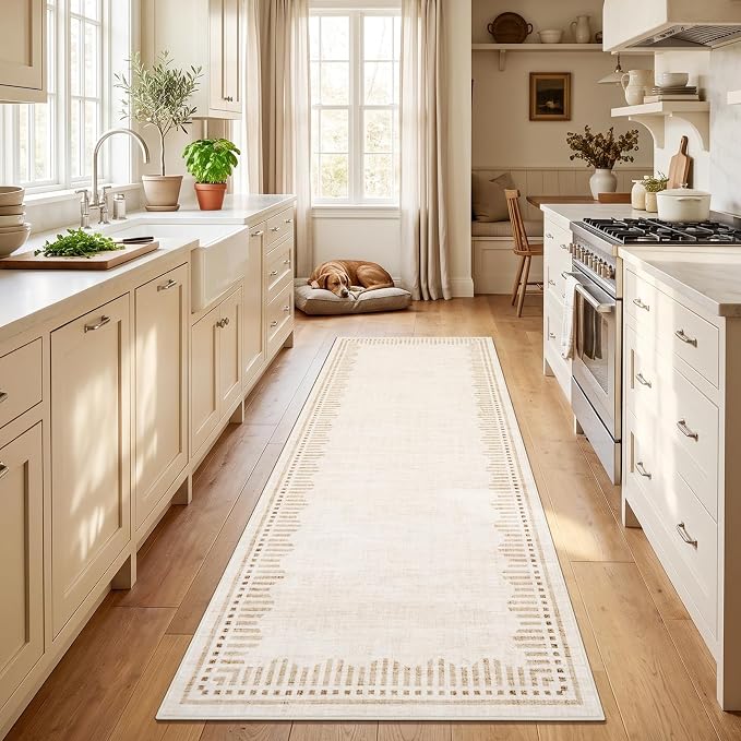 Garvee Washable Hallway Runner Rug 2x6 Non Slip Neutral Scalloped Runners | Beige Low Pile Stain Resistant Kitchen Runner Mat Solid Color Modern Geometric Living Room Bedroom Nursery Entry Area Rugs