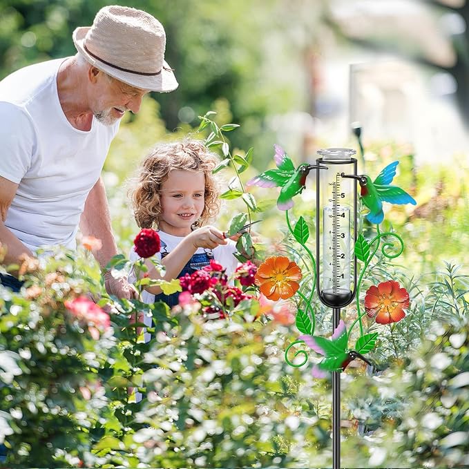 35.4” Hummingbird Rain Gauge Outdoor, Metal Rain Gauges Stake with 6“ Glass Tube, Decorative Rain Gauges for Yard Garden Lawn for Precipitation Measurement