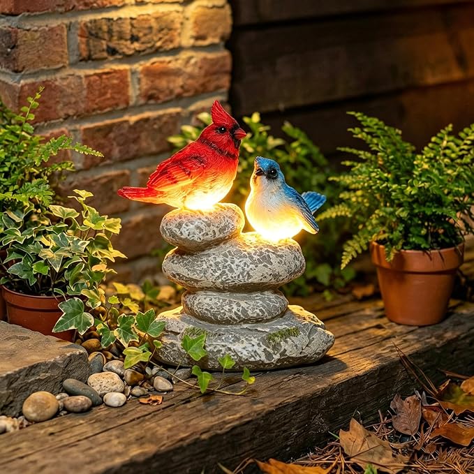Solar Garden Statues Outdoor Decor, Garden Sculptures Stones Statue Novelty Birds Figurine Decoration for Patio Yard Porch Art Home Decor