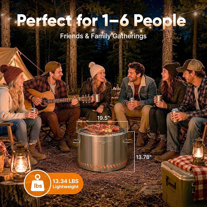 Golabs Smokeless Portable Fire Pit, 19.5" Stainless Steel, for Wood/Charcoal/Pellet Fuel, Portable with Sturdy Handles & Fire Cover, Suitable for 2-6 People, Perfect for Backyard, Picnics & Camping
