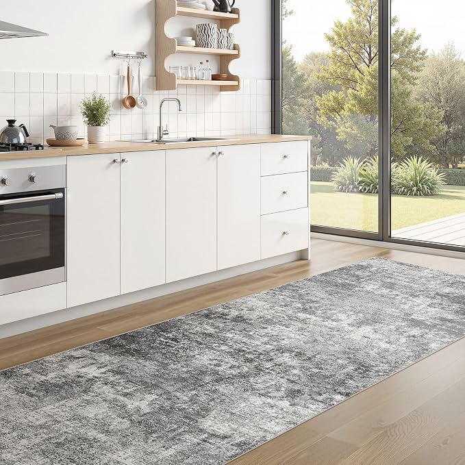 DMOYEST 3x12 Washable Runner Rug for Hallway Abstract Soft Carpet Runner | Neutral Modern Low Pile Area Rug Kid & Pet Friendly Non-Slip Carpet for Entryway Kitchen Dining Room - Grey