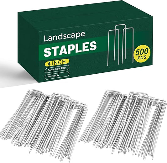 CEWOR 500 Pack Landscape Staples 4 Inch, Galvanized Garden Stakes 12 Gauge U-Shaped SOD Pins Yard Ground Staples for Landscaping Fabric, Plant Cover, Lawn, Turf, Irrigation Tubing Hose