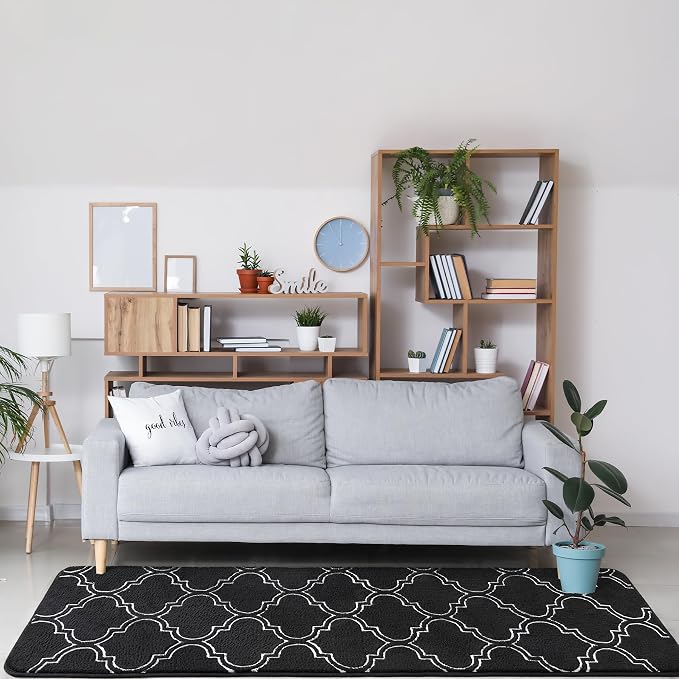 Chicrug 2x6 Shag Geometric Modern Runner Rug for Bedroom Hallway | Memory Foam Indoor Runner Carpet, Fluffy Rug for Living Room Bedside Room for Family, Black and White
